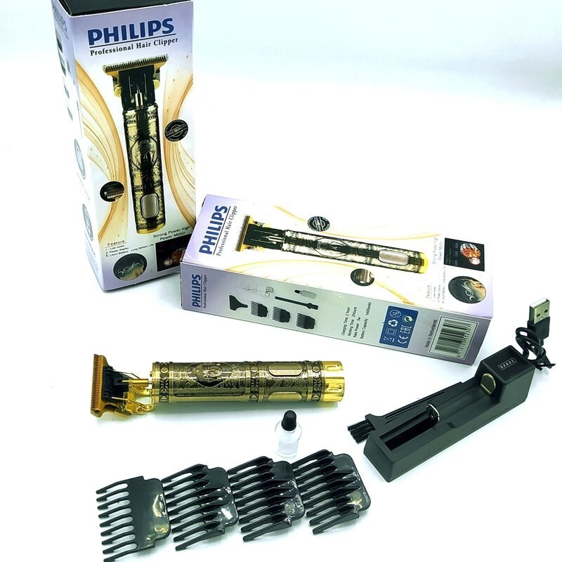 ماشین اصلاح موی سر و صورت خط زن مدل T9 با تیغه استیل ضد زنگ، باتری داخلی، شارژ از طریق USB، مدت استفاده 3 ساعت، همراه برس تمیزکننده، روغن و شانه